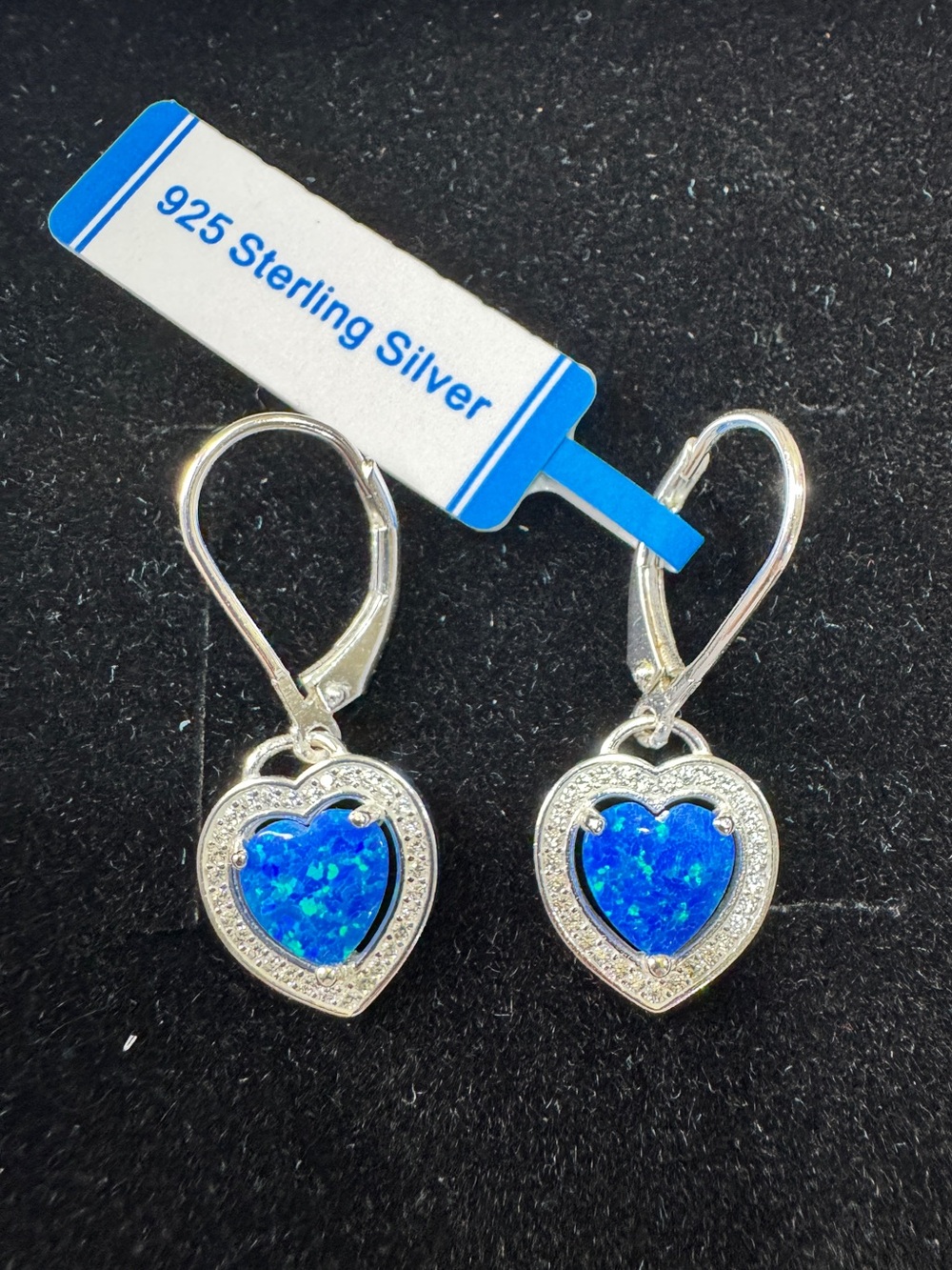Blue Opal 925 Sterling Silver Heart Drop Earrings with Blue Opal Inlay